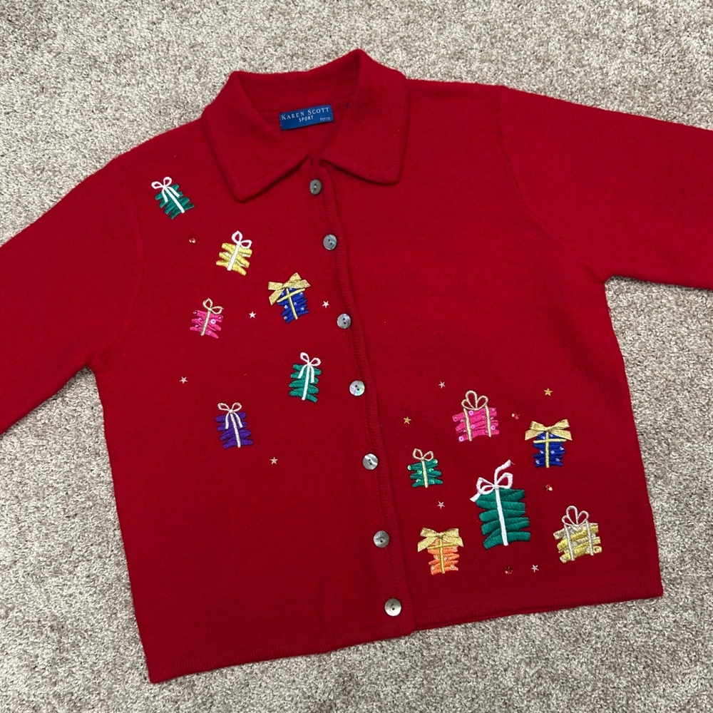 Vintage Christmas Button Collared Sweater Wool‎ Karen Scott Women Size PM Gifts